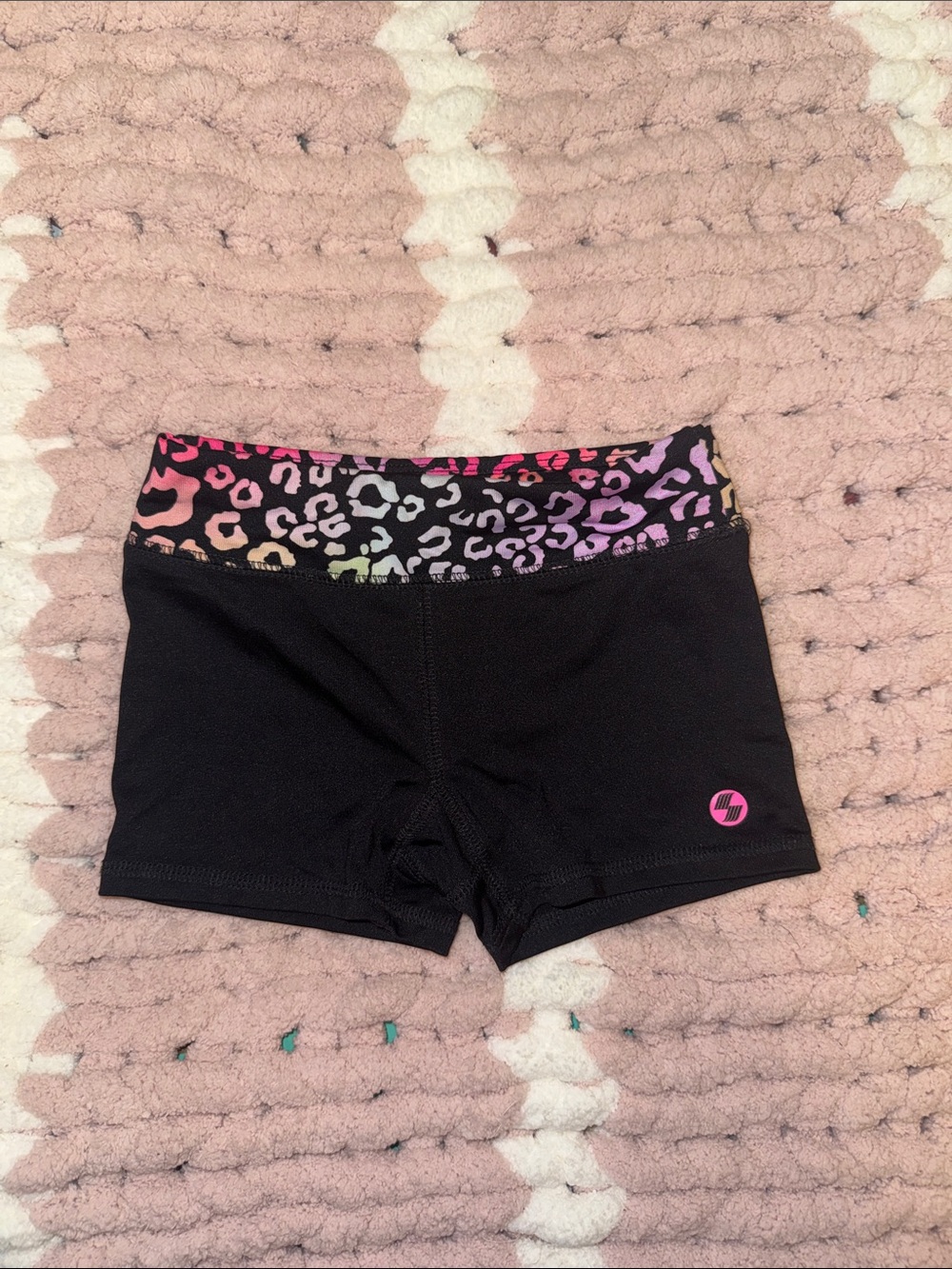 Girls' Black Active Shorts with Rainbow Leopard Waistband